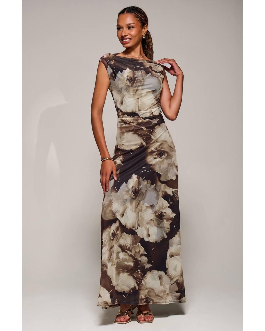 Jolie Moi Brown Multiway Neckline Mesh Maxi Dress