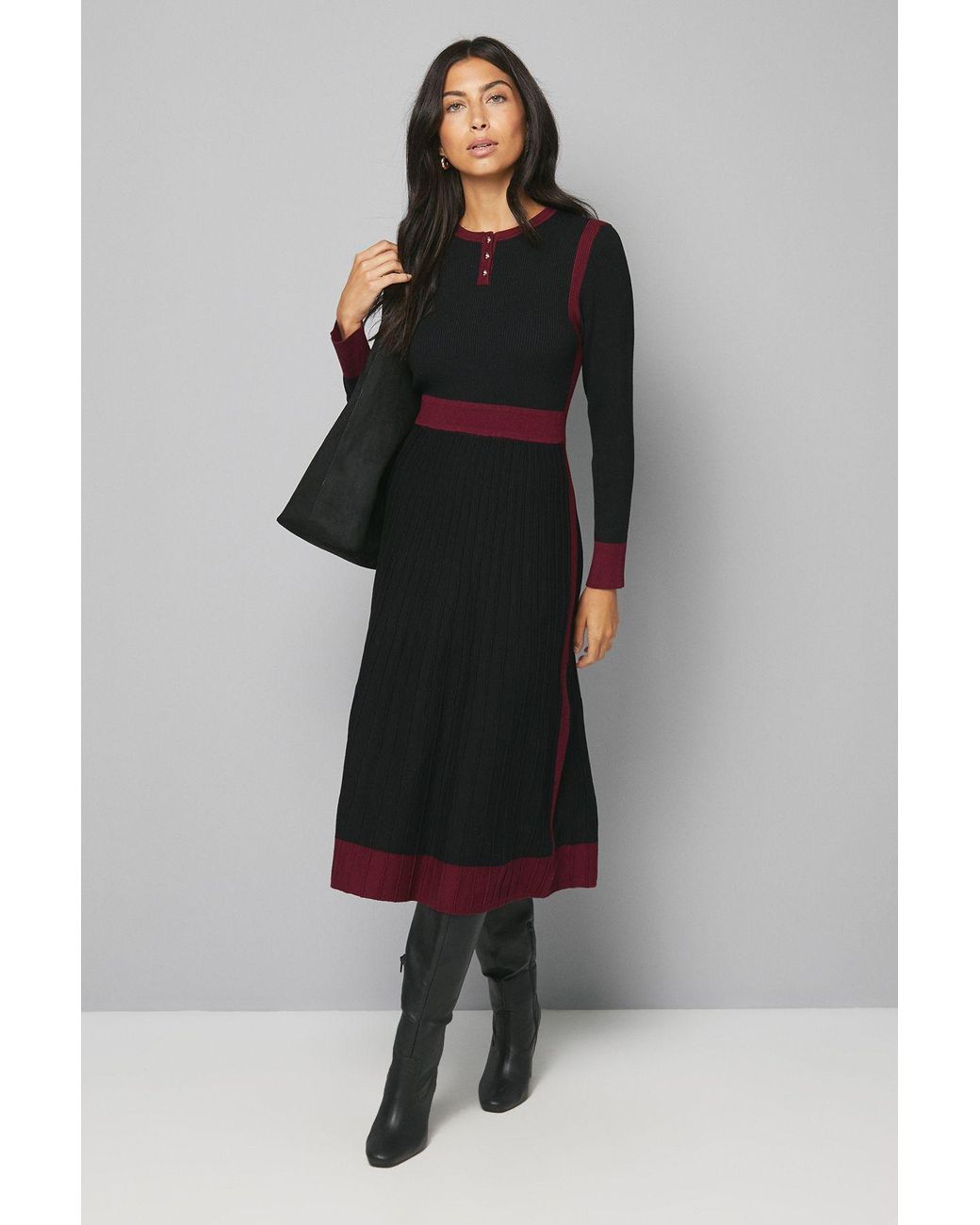 Wallis Black Fit And Flare Button Neck Knitted Dress
