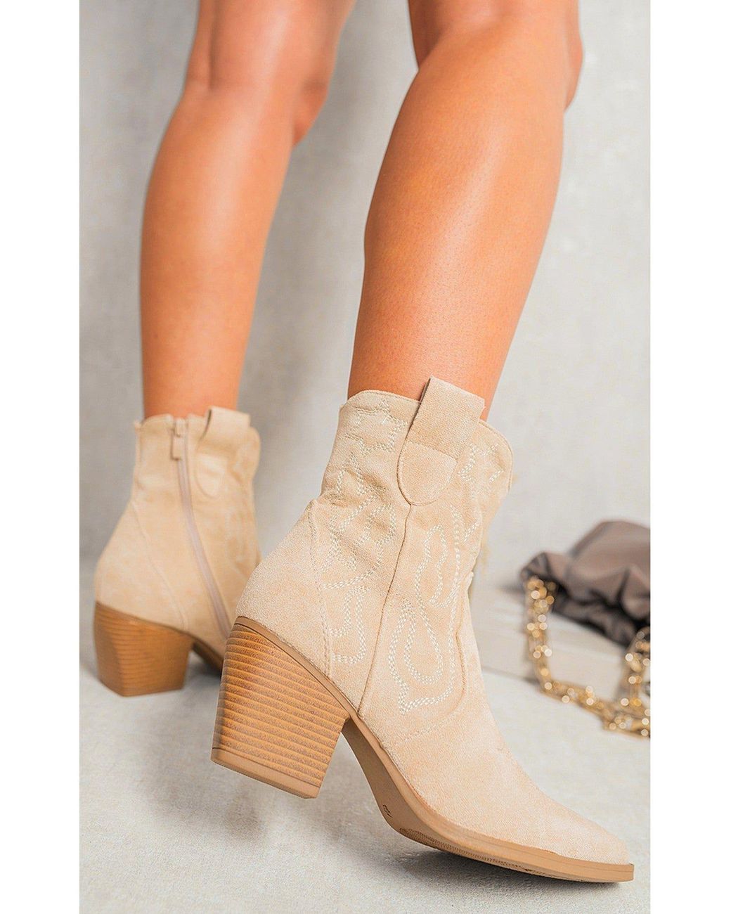 IKRUSH Natural Laura Faux Suede Cowboy Ankle Length Boots With Block Heel