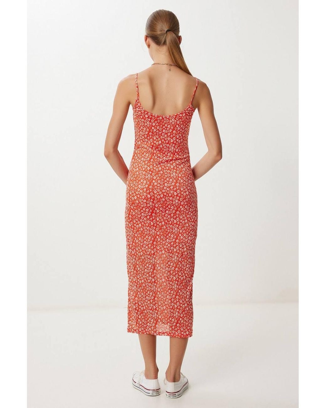 Happiness İstanbul Red Square Collar Sleeveless Floral Midi Dress