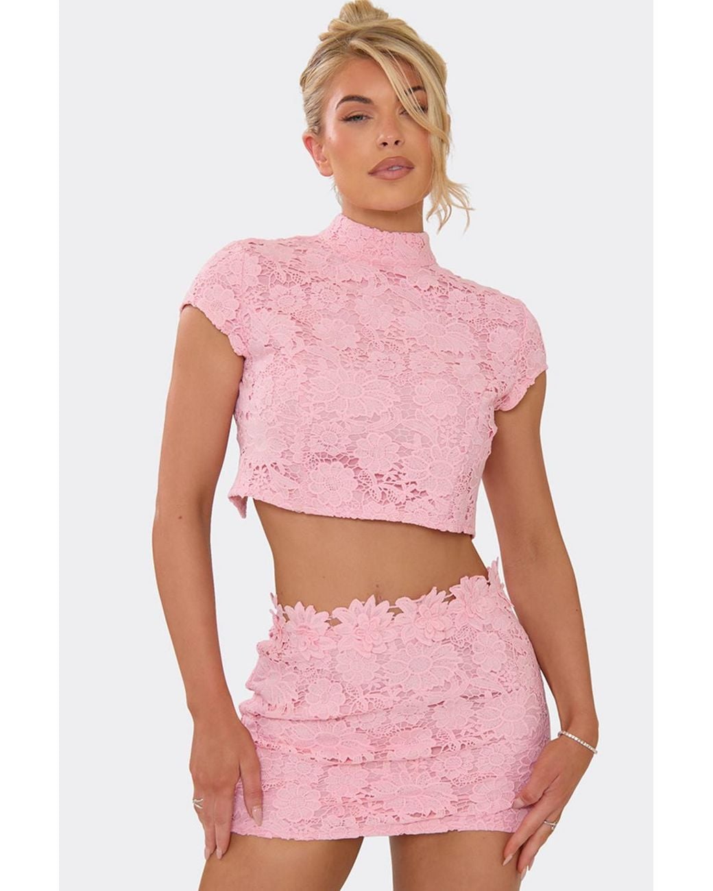 EGO Pink Cap Sleeve High Neck Floral Textured Top