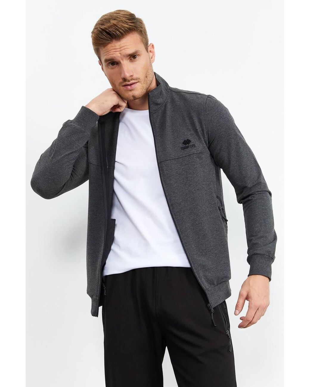 TOMMY LIFE Black Zip-Front Sweatshirt & Pants Set for men