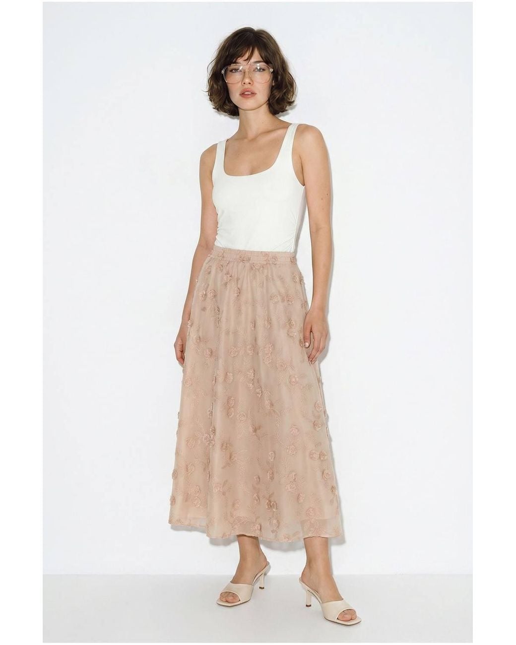 Bianco Lucci Natural Embroidered High-Waist Midi A-Line Skirt