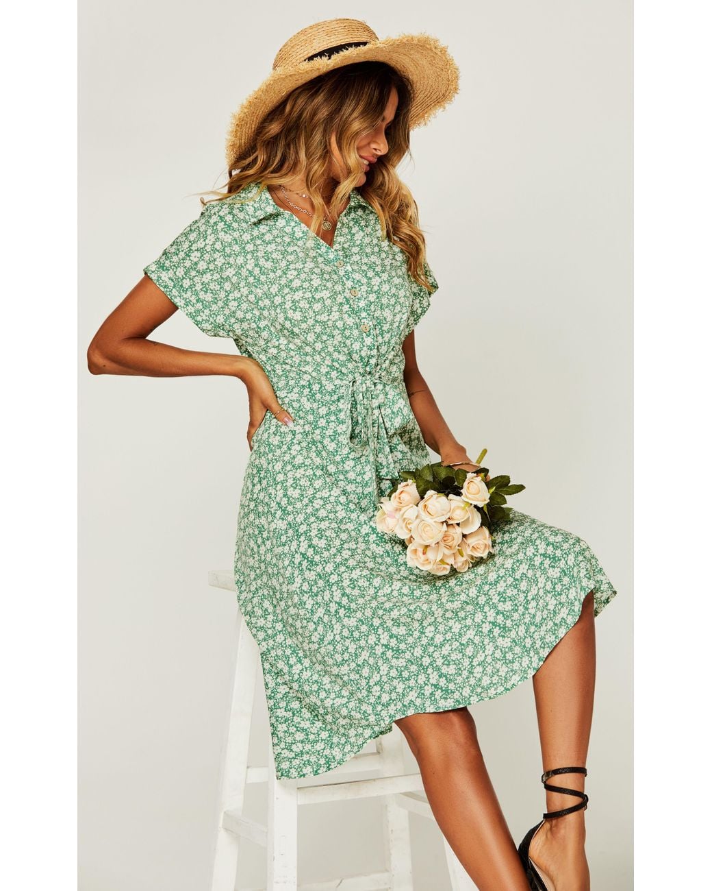 FS Collection Green Relaxed Floral Print Button Down Midi Shirt Dress