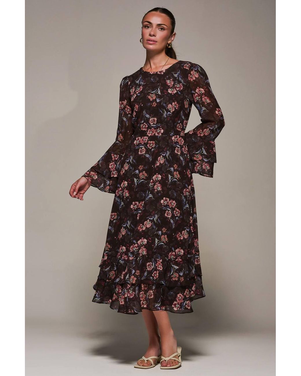 Jolie Moi Brown Long Sleeve Chiffon Frill Midaxi Dress