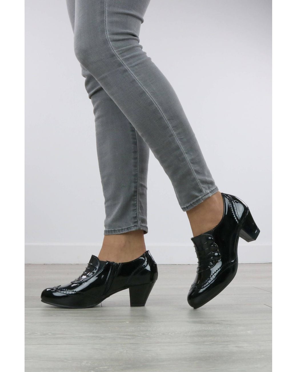 AJVANI Gray Mid Cuban Heel Brogue Buttoned Ankle Boots Shoe Boots