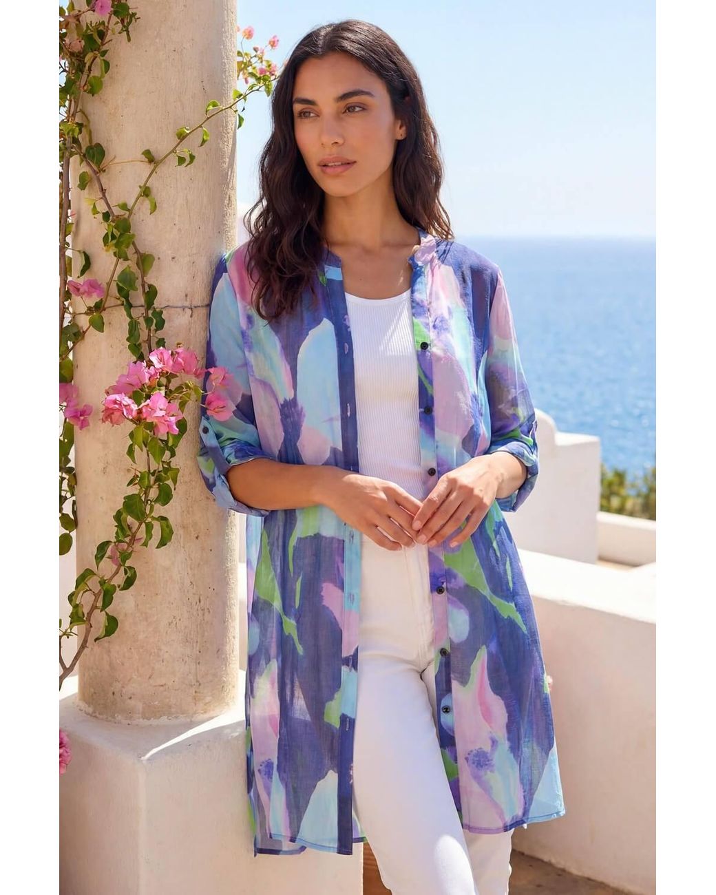 Roman Blue Abstract Print Button Up Longline Blouse
