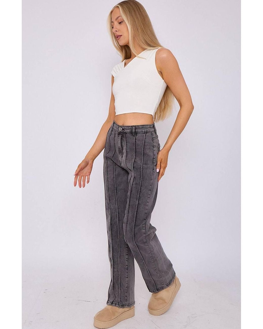 Stylewise Multicolor Seam Detail Wide Leg Jeans