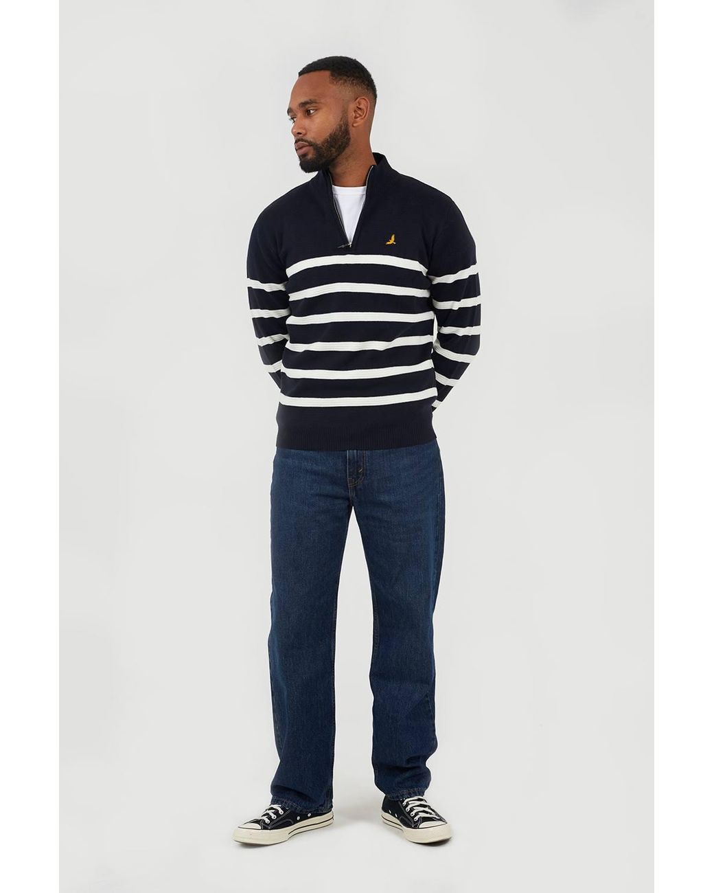 Brave Soul Blue Quarter Zip Stripe Knitted Jumper for men
