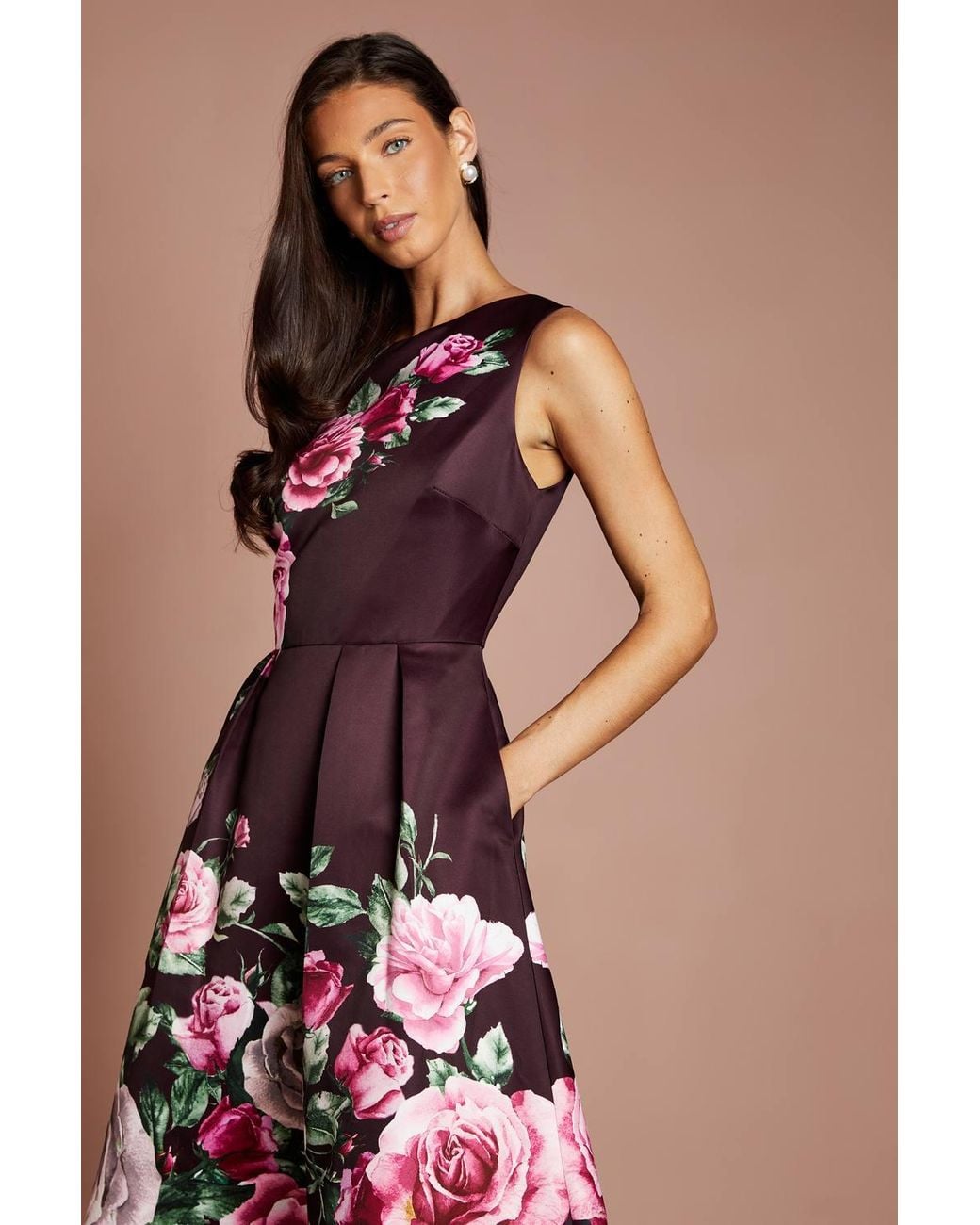 Coast Pocket Structured Satin Placement Print Midi Dress