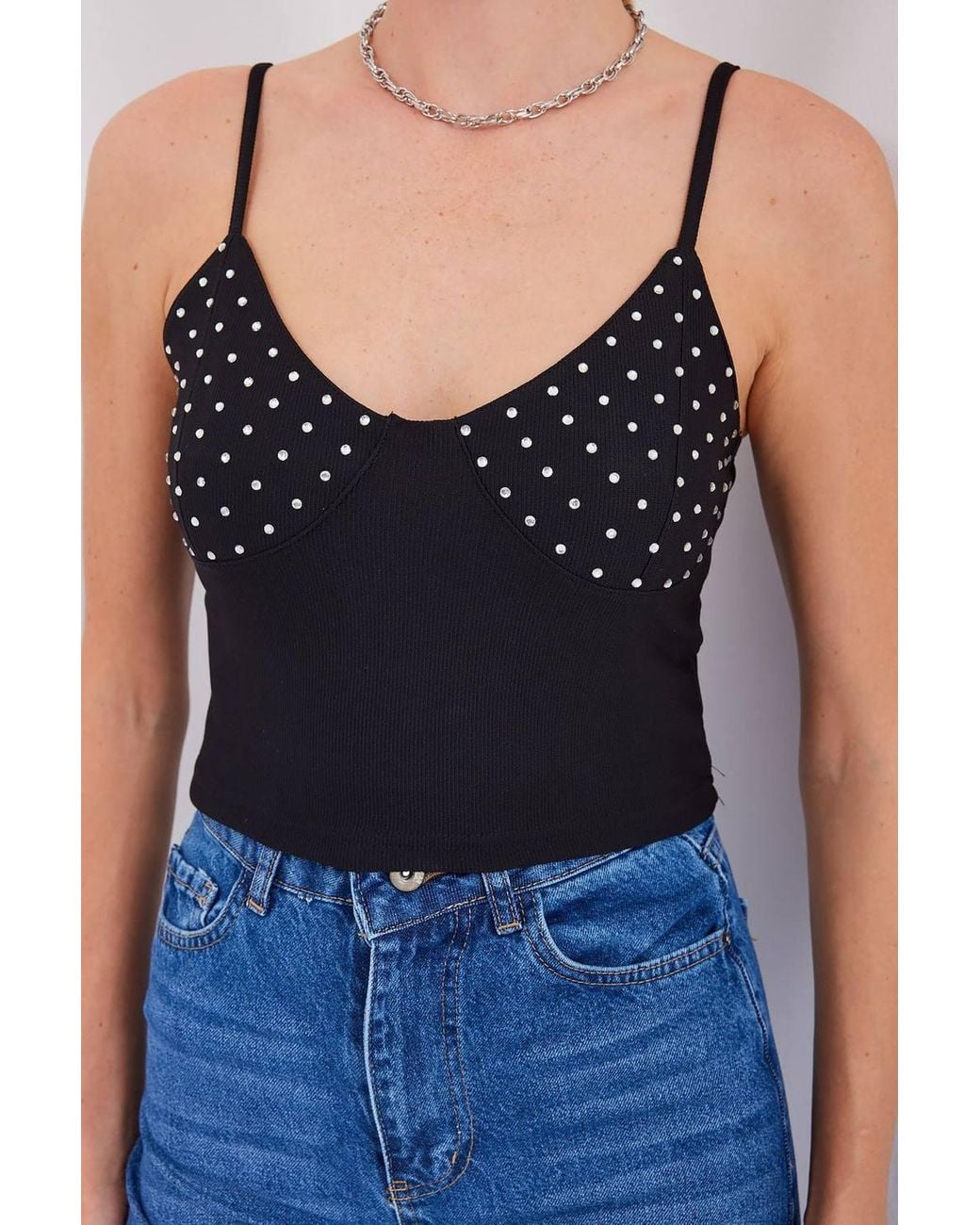 Bigdart Blue Stone Embellished Fitted Crop Top With V-Neck