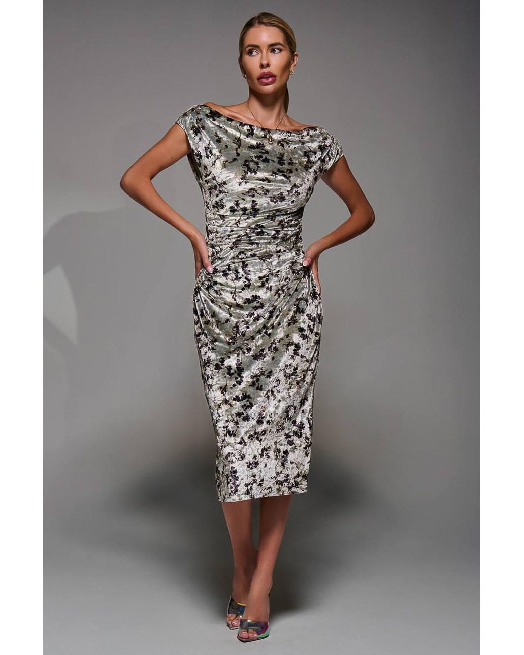 Jolie Moi Gray Velvet Print Ruched Bodycon Dress