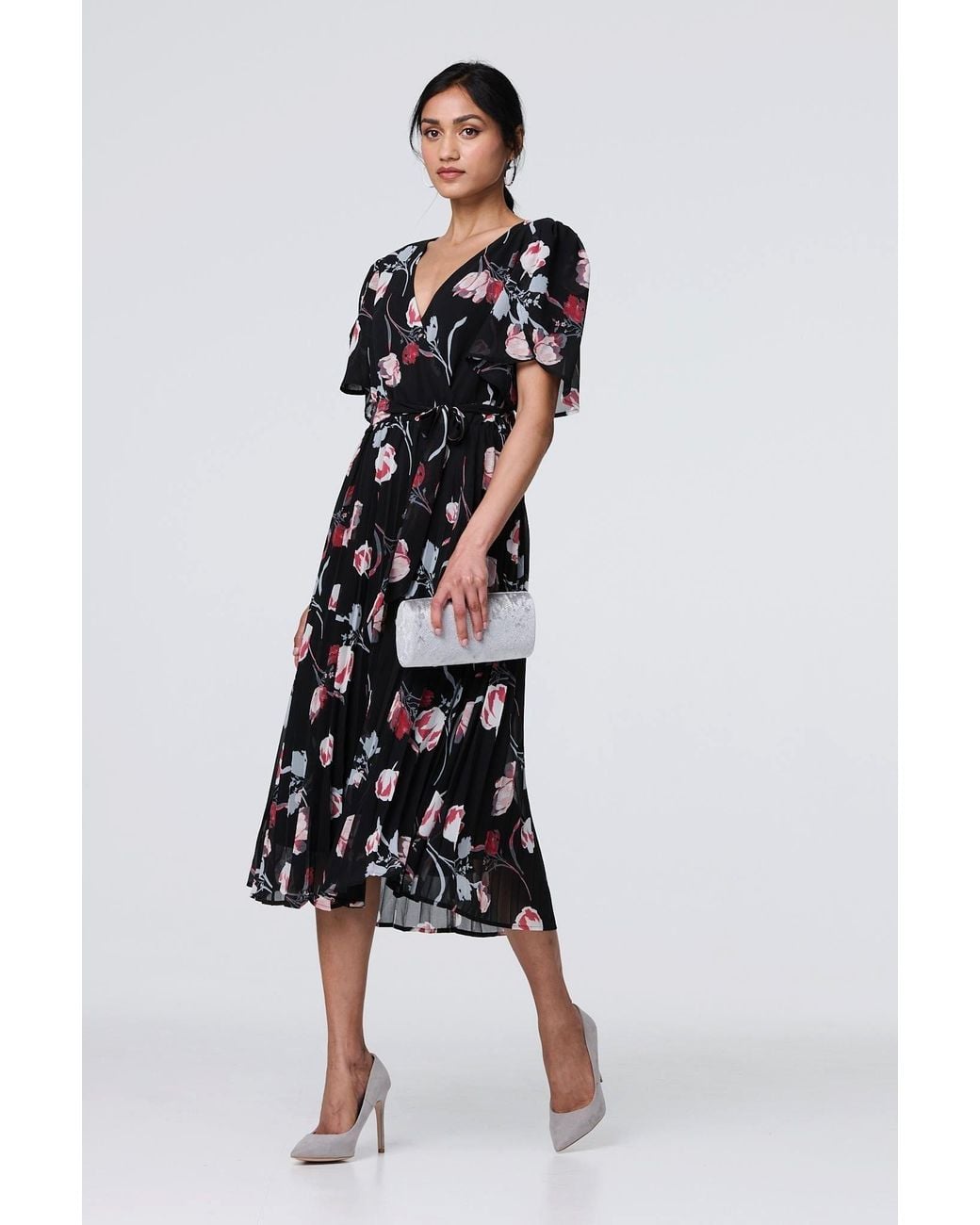 Izabel London White Floral Sheer 1/2 Sleeve Midi Wrap Dress