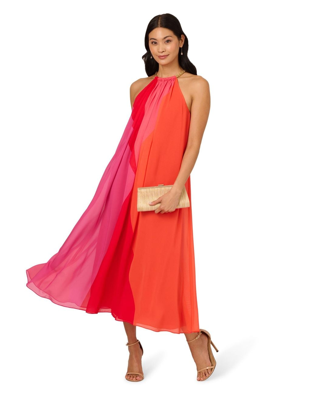 Adrianna Papell Red Colour Block Chiffon Dress