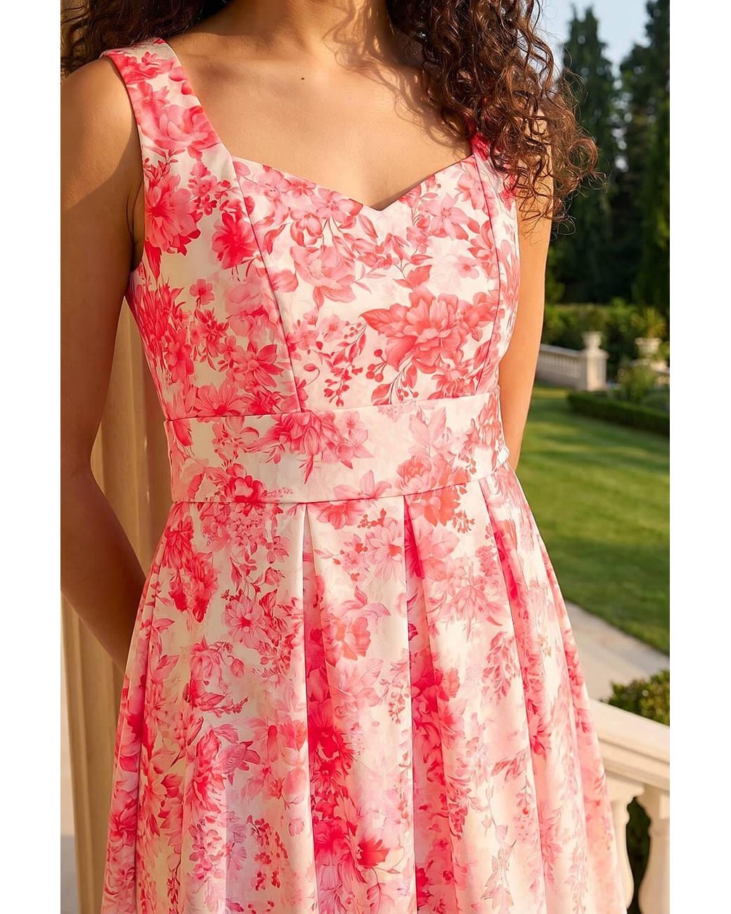 Roman Pink Petite Floral Waist Stretch Midi Dress
