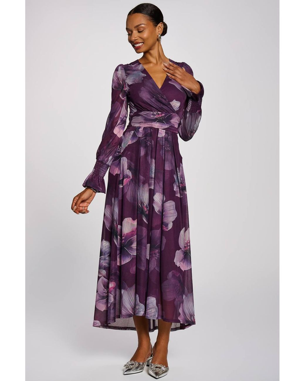 Jolie Moi Purple Long Sleeve V Neck Mesh Maxi Dress
