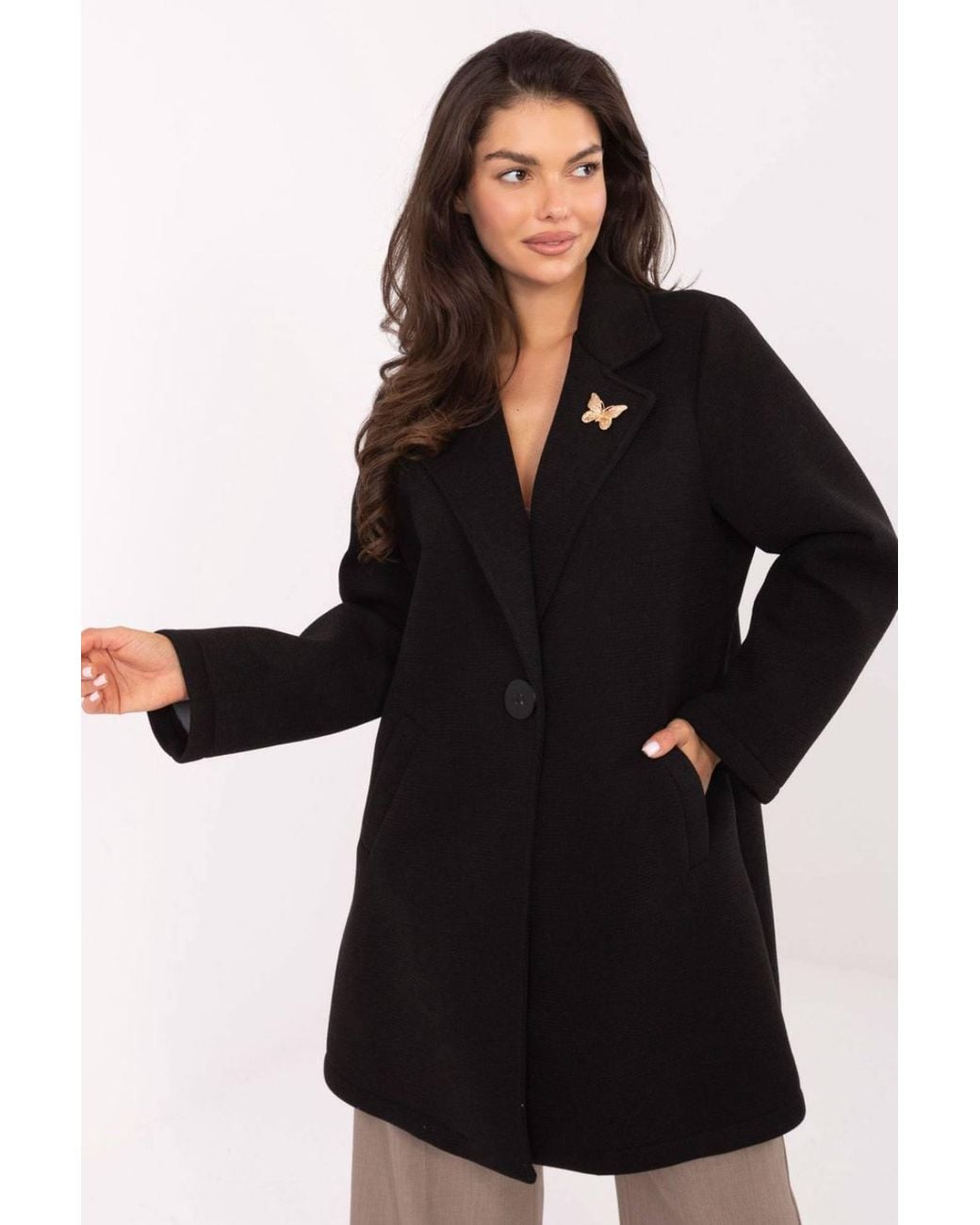 Love Lace Black Elegant Foam Coat With Lapel Brooch