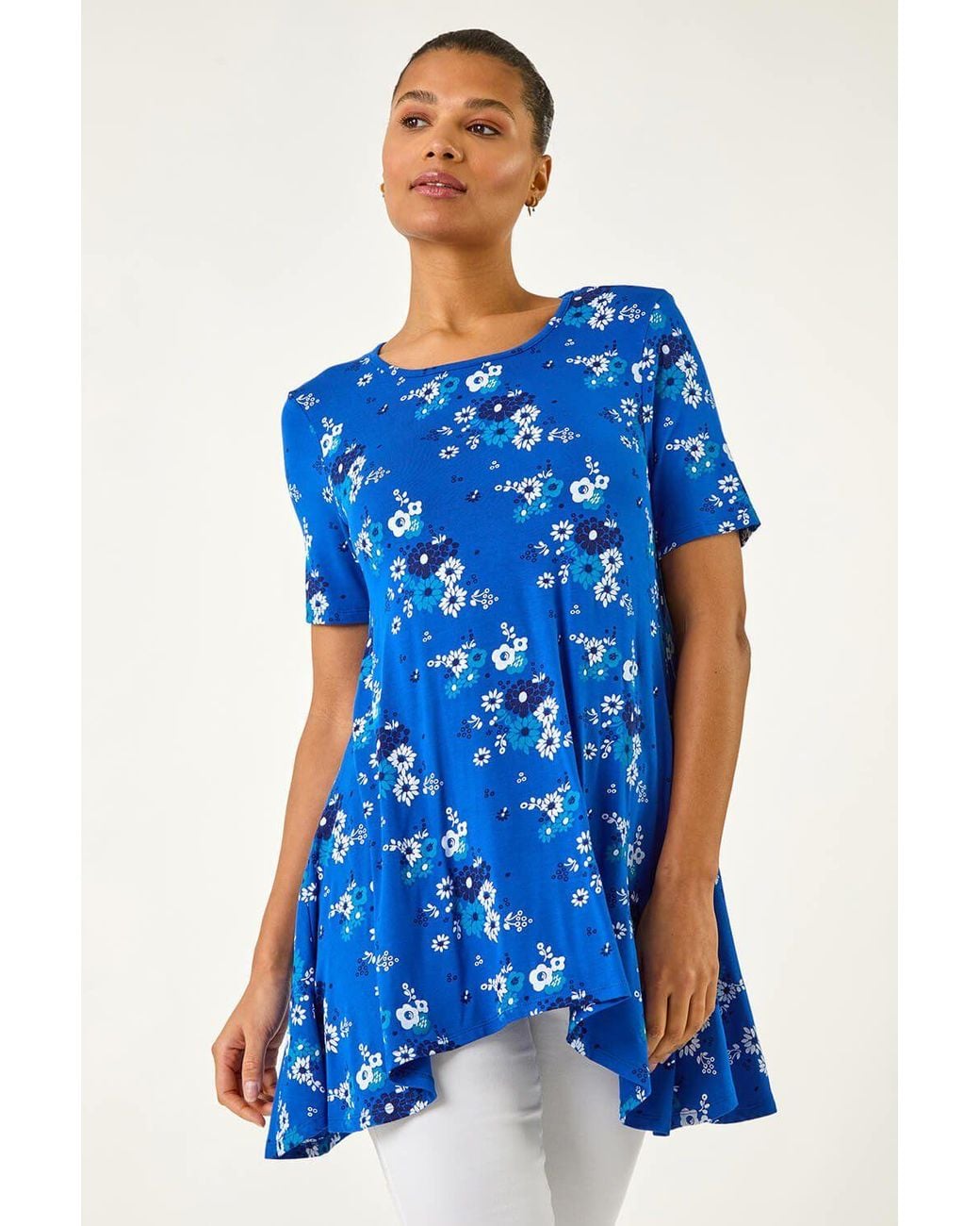 Roman Blue Floral Print Hanky Hem Tunic Top