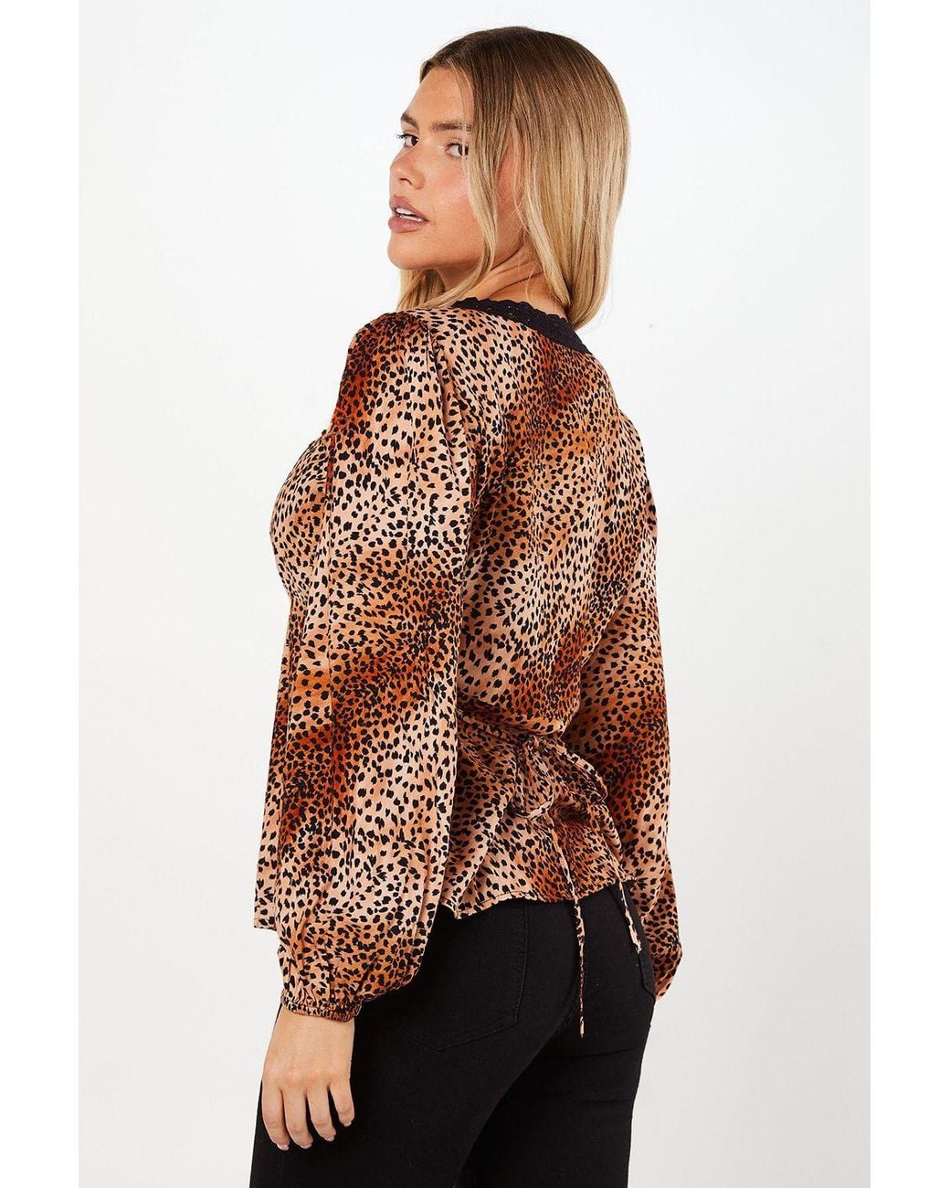 Dorothy Perkins Brown Sleeve Lace Trim Button Front Tea Blouse