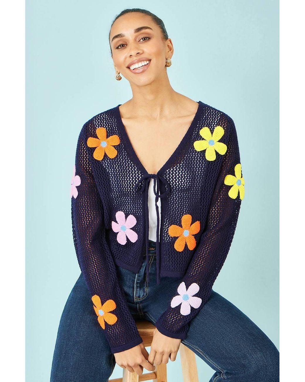 Yumi' Blue Tie Front Cardigan With Flower Design