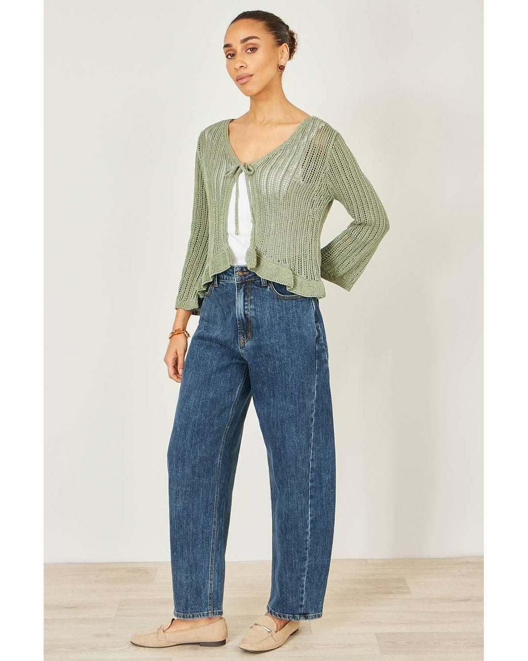 Yumi' Green Tie Front Pointelle Cardigan