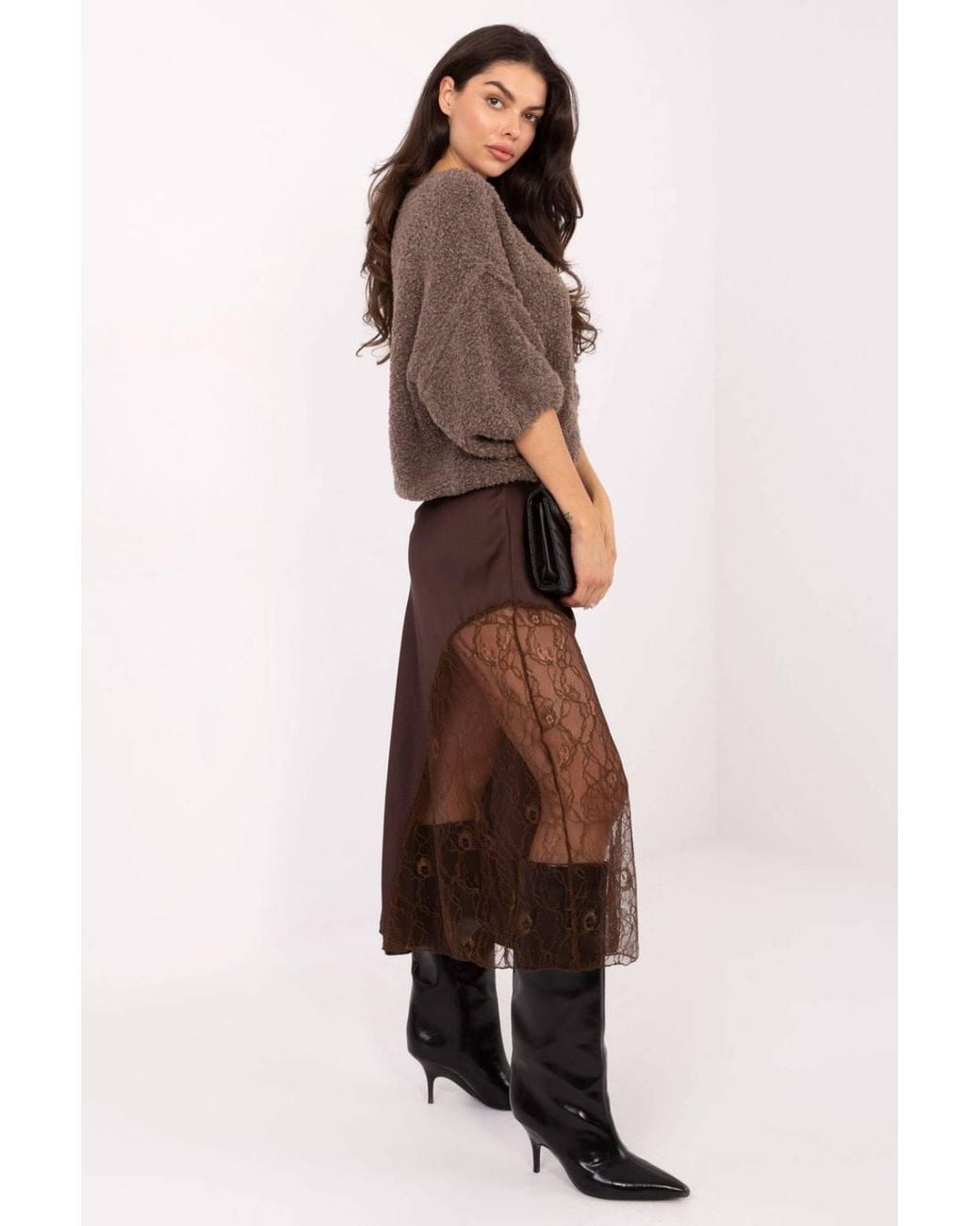 Love Lace Brown Lace Insert Flared Midi Skirt With Elastic Waist