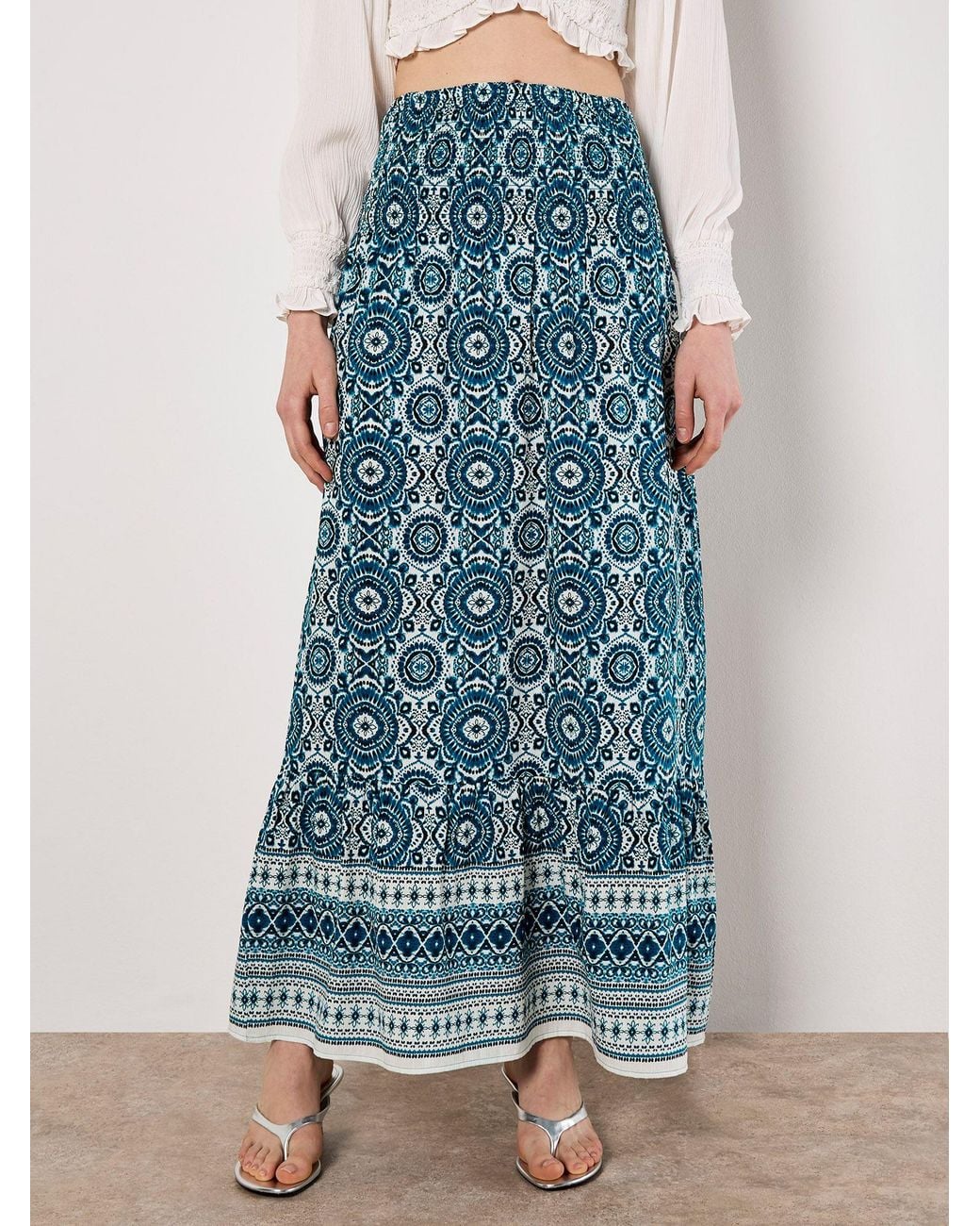 Apricot Blue Batik Print Smocked Maxi Skirt