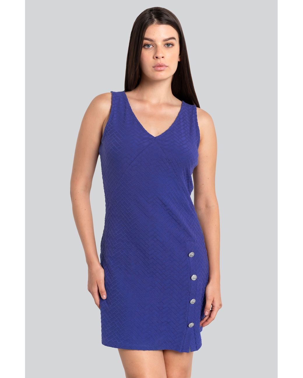 Enorsia Blue Sleeveless Button Detail Mini Dress