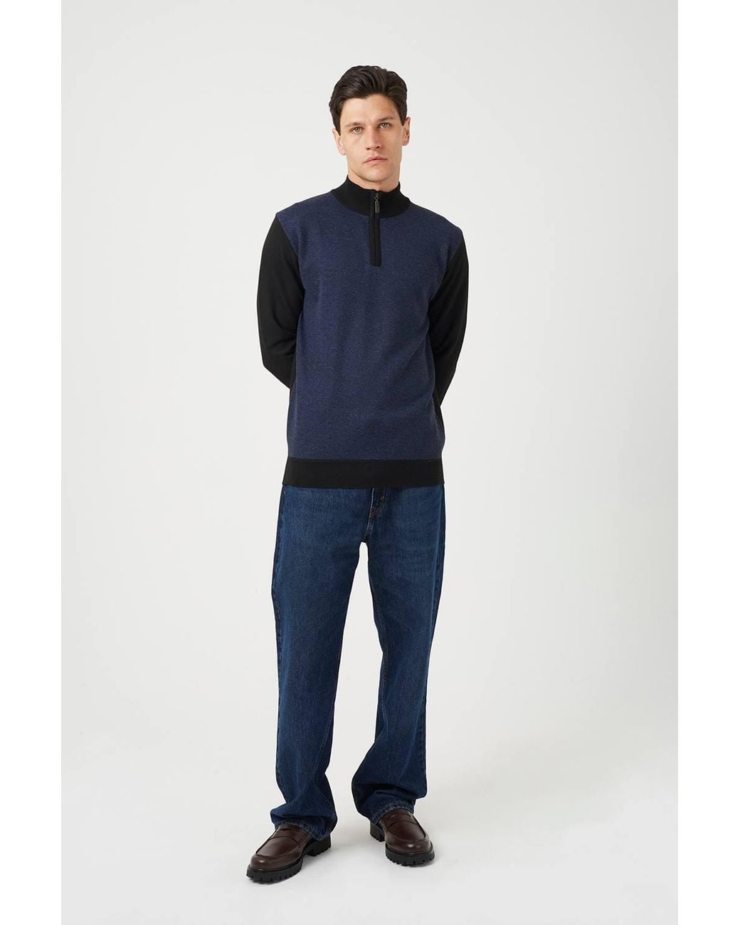 Brave Soul Blue Contrast Panel Quarter Zip Jumper for men