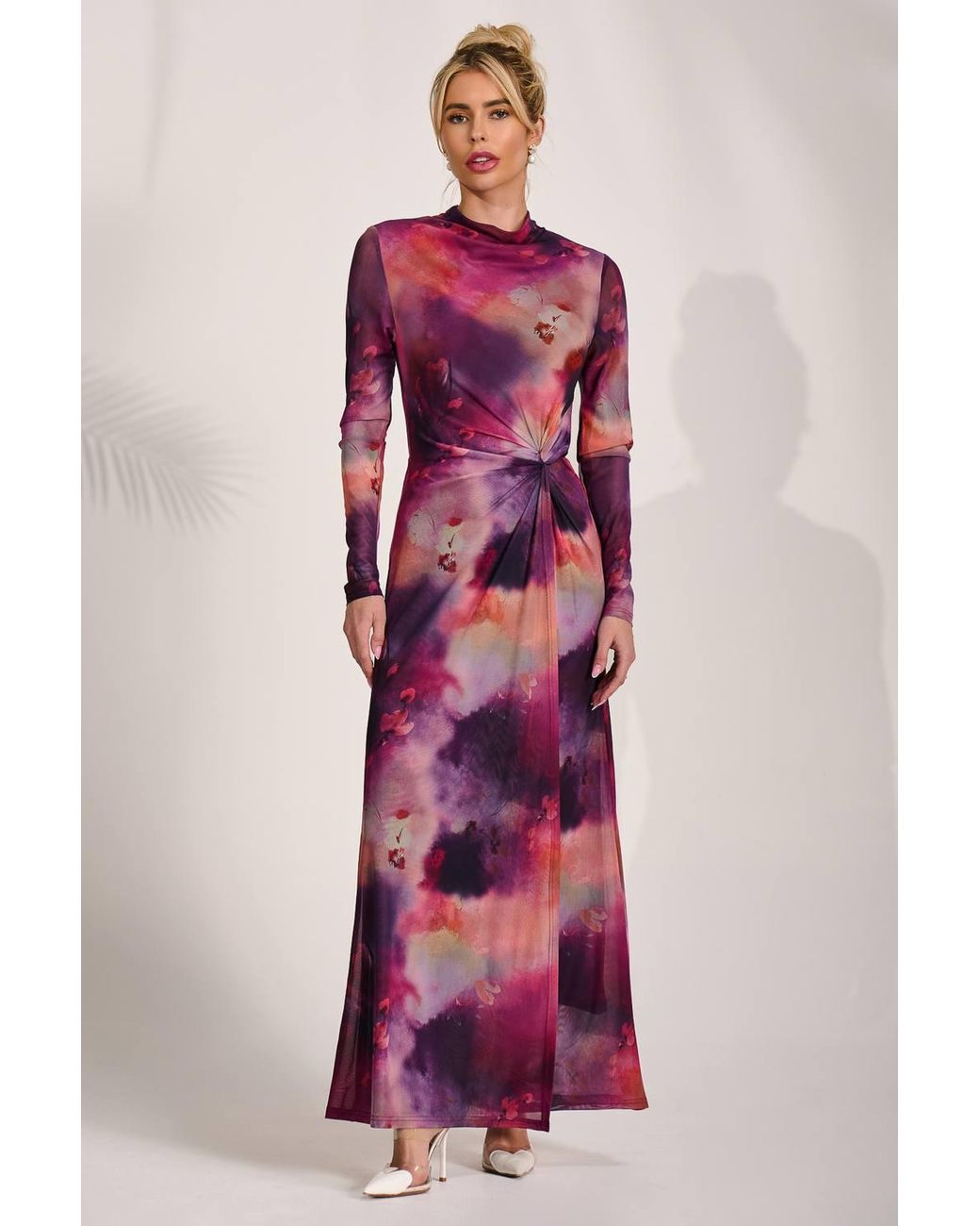 Jolie Moi Red High Neck Long Sleeve Mesh Maxi Dress