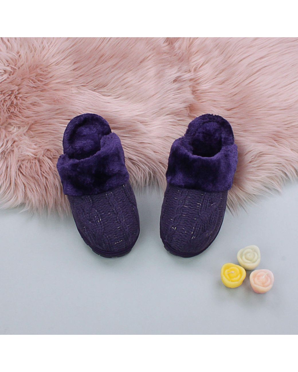 AJVANI Blue Flat Heel Mule Glitter Cable Knit Slippers