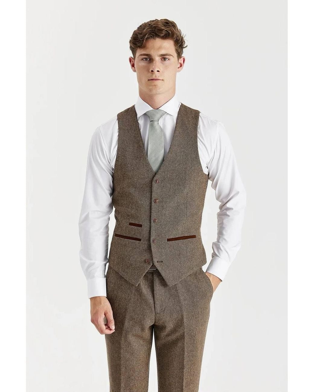 Paul Andrew Brown Suit 3 Piece Wool Blend Tweed Tailored Fit Formal for men
