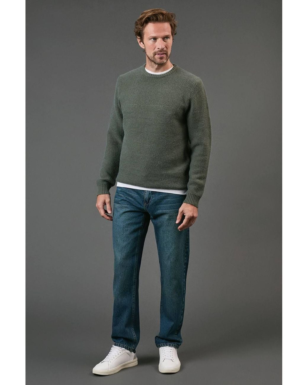 MAINE Gray Tuck Stitch Yoke Crew Neck Jumper for men