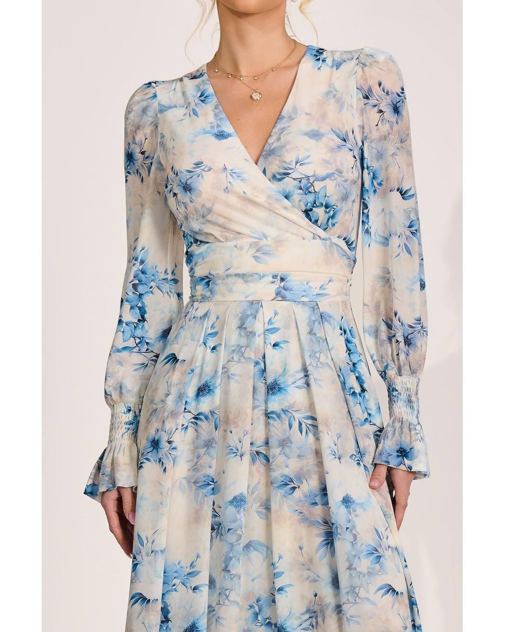 Jolie Moi Blue Long Sleeve V Neck Mesh Maxi Dress