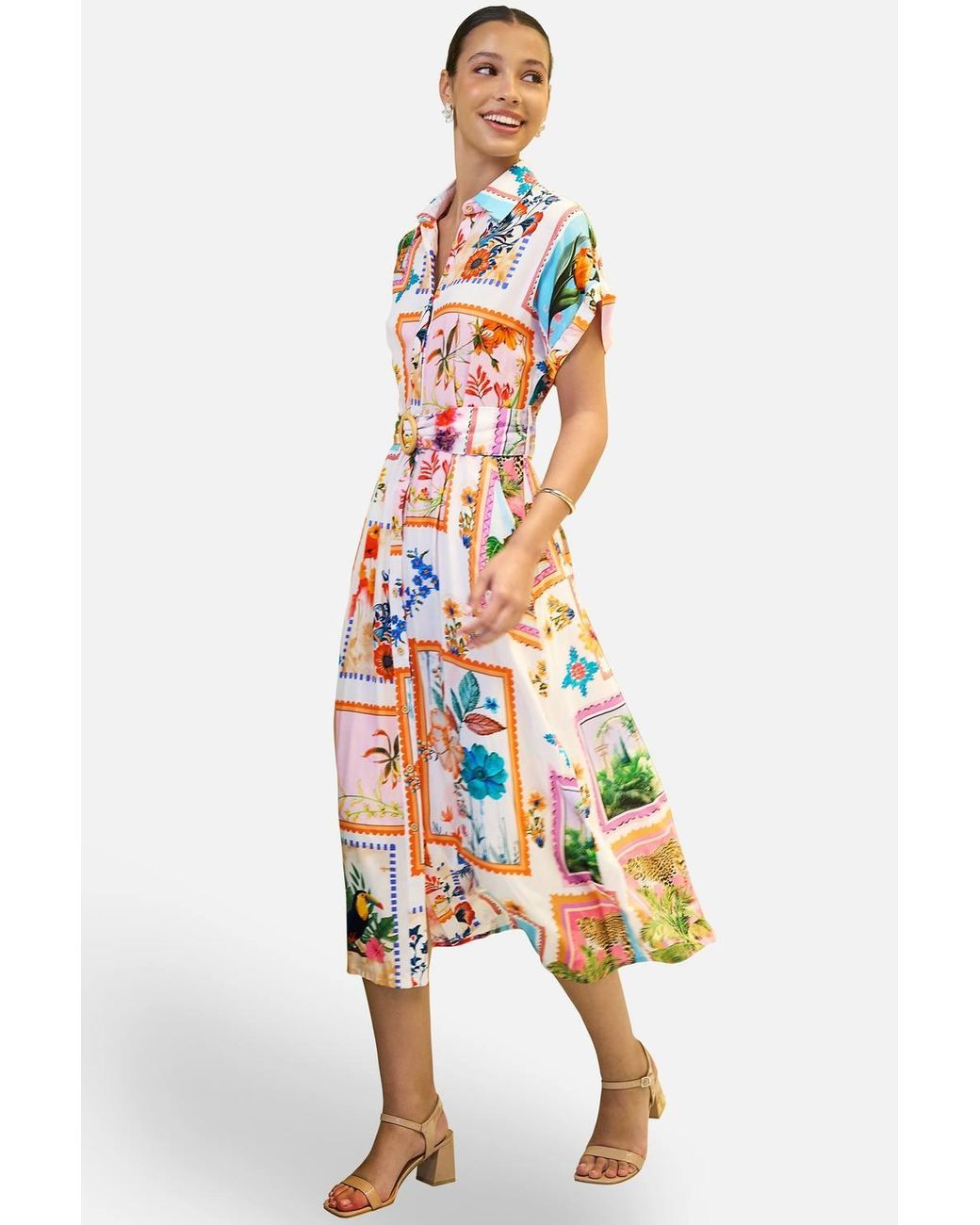 Yumi' White Ivory Tropical Postcard Print Relaxed Midi Shirt Dress