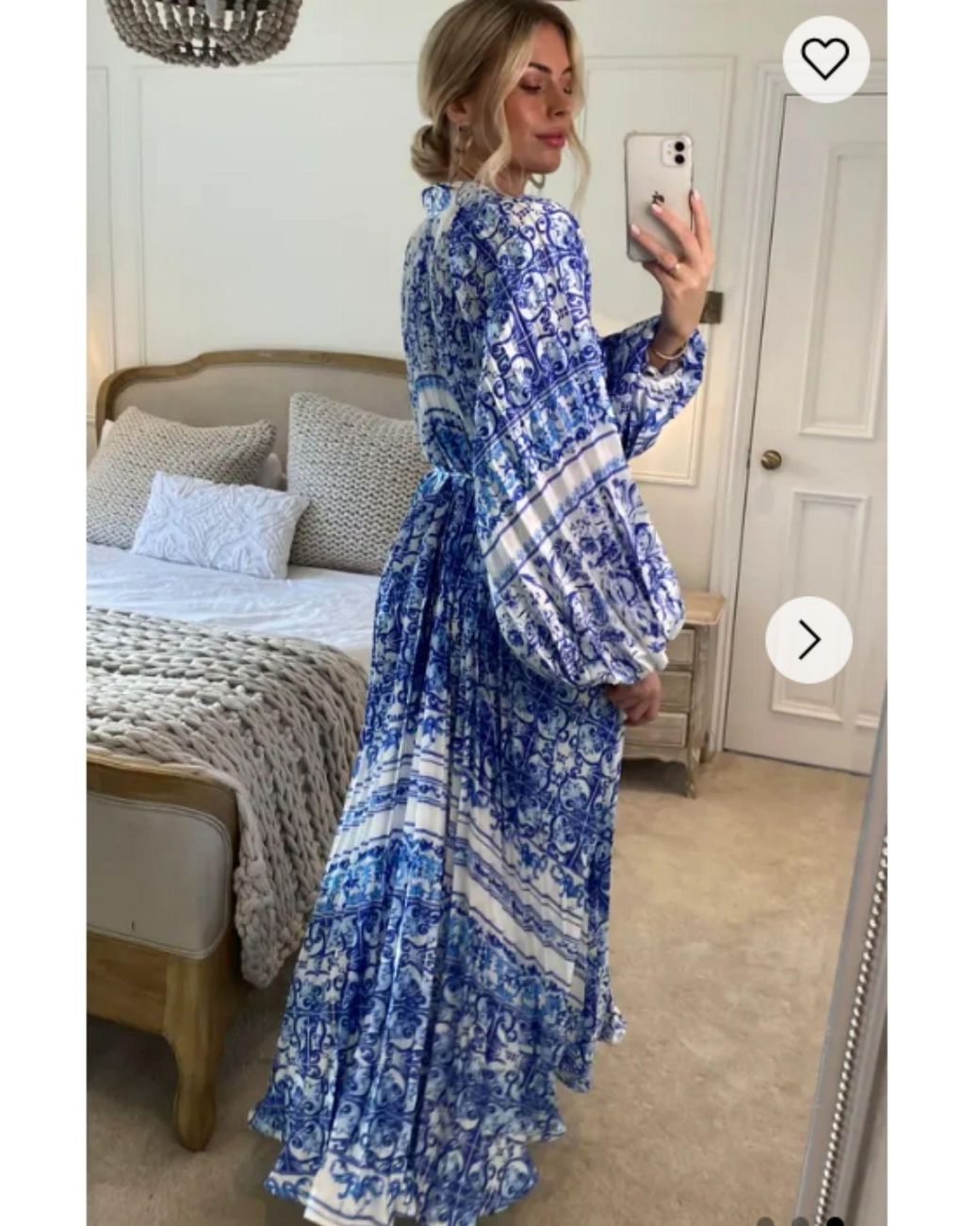 CY Blue Monochrome Scarf Print Pleated Long Shirt Dress