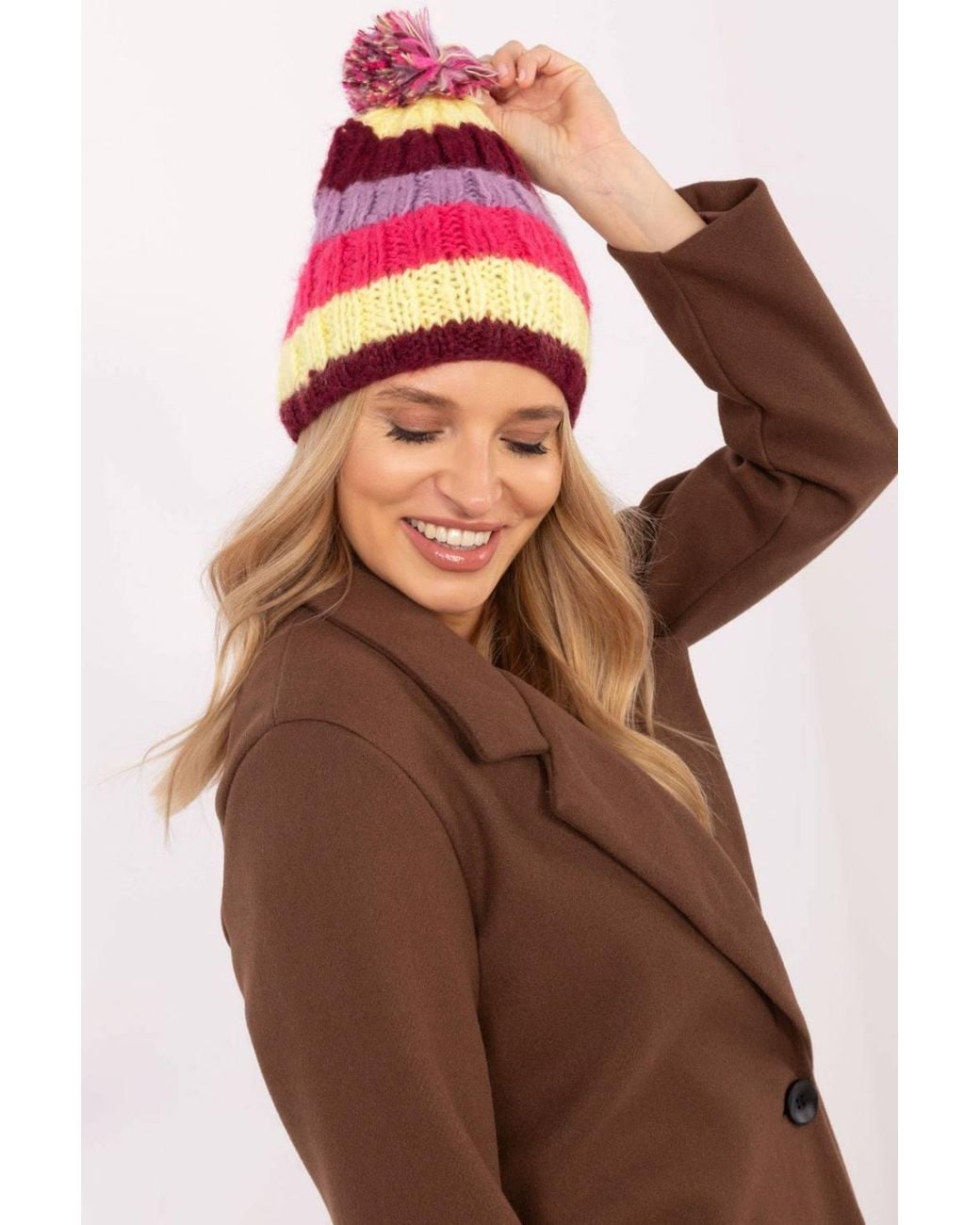 Love Lace Brown Striped Winter Hat With Fluffy Pom Pom Soft Warm Elastic Fit