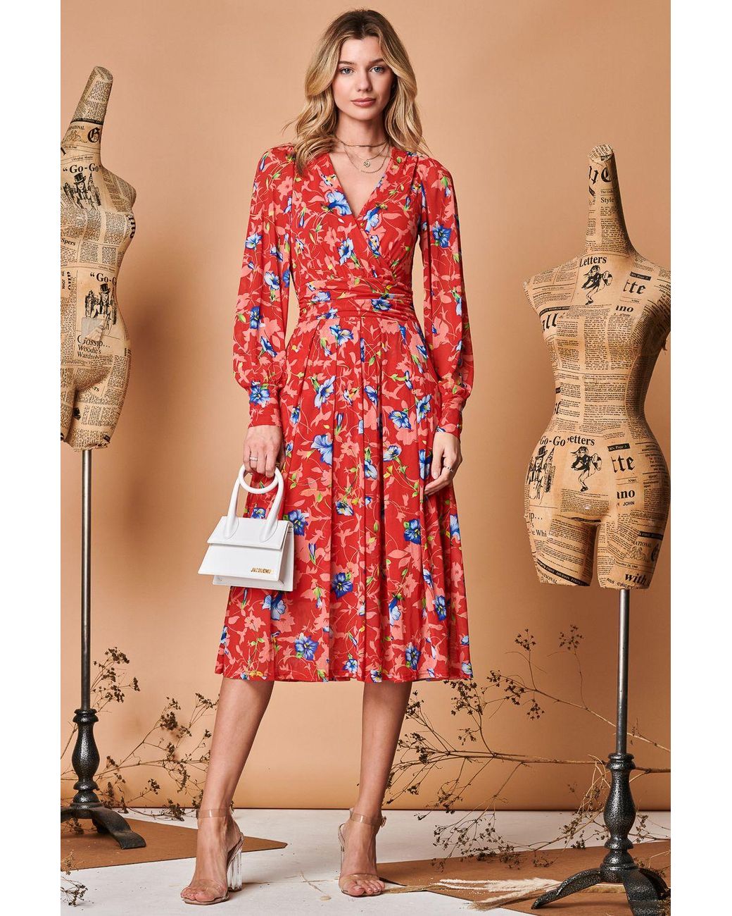 Jolie Moi Red Floral Long Sleeve Mesh Midi Dress