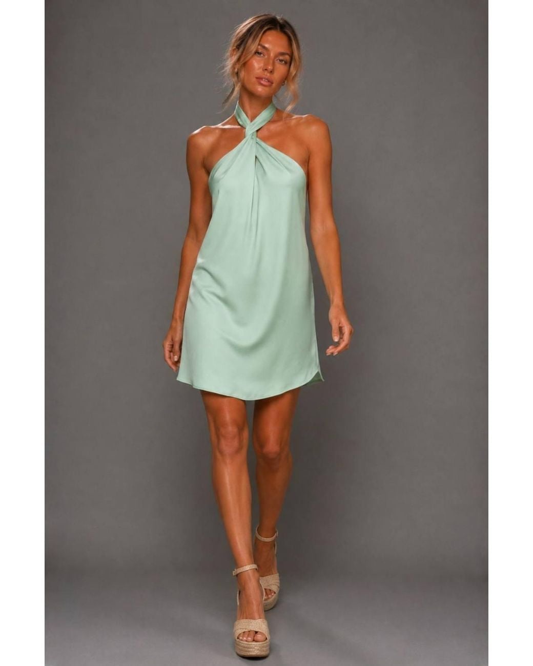 Vesper Gray Twist Neck Low Back Mini Dress