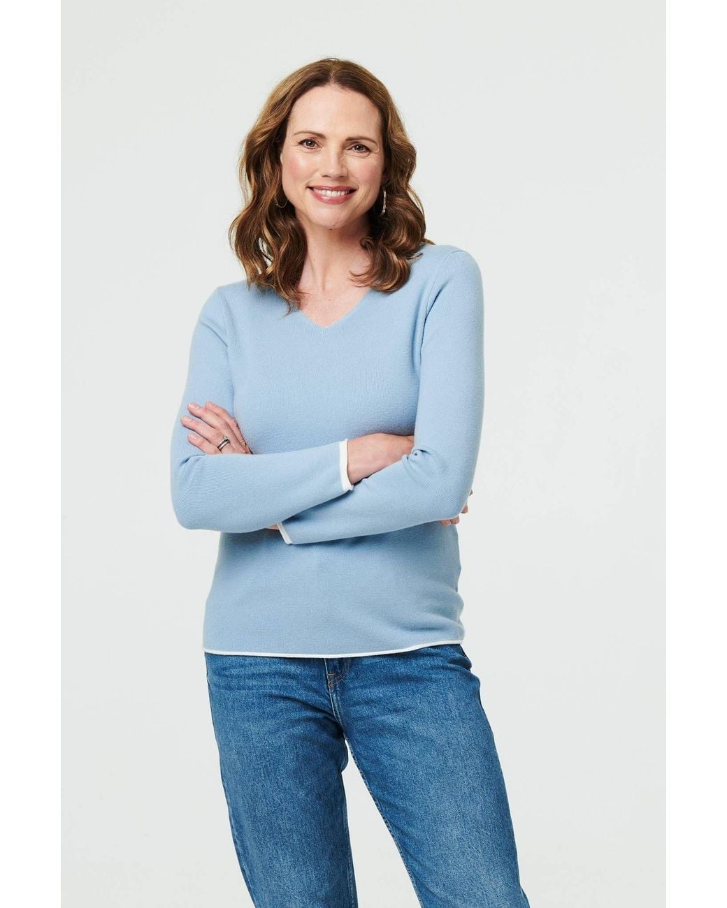 Izabel London Blue Contrast Trim V-Neck Knit Top
