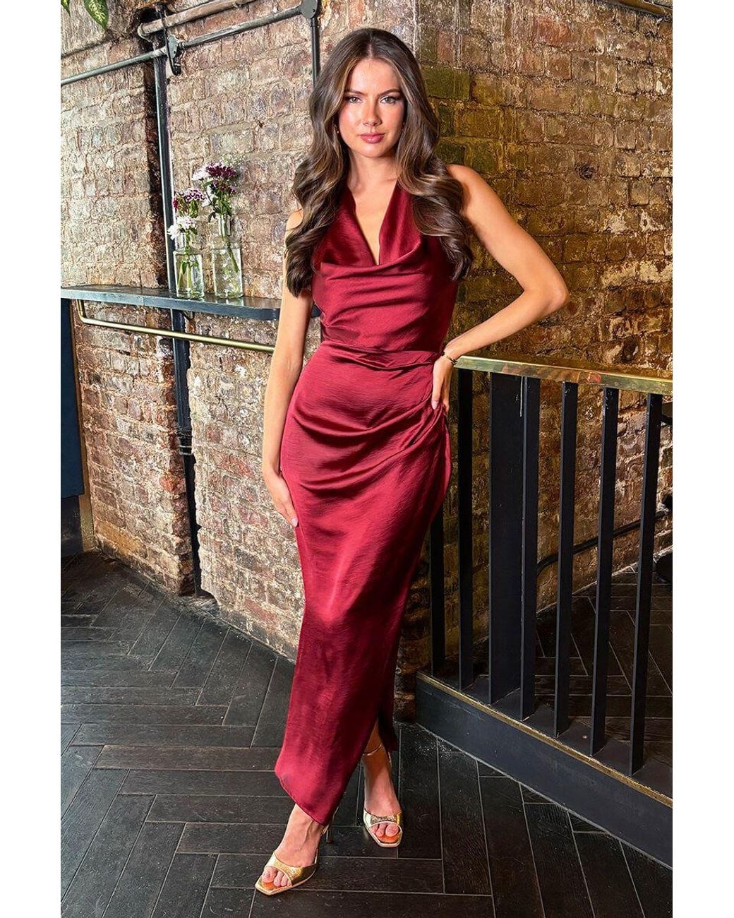 AX Paris Red Satin Cowl Neck Cross Back Midi Dress