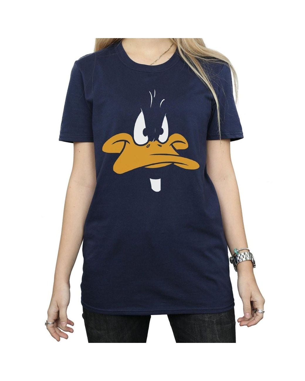 Looney Tunes Blue Daffy Duck Face Cotton Boyfriend T-Shirt