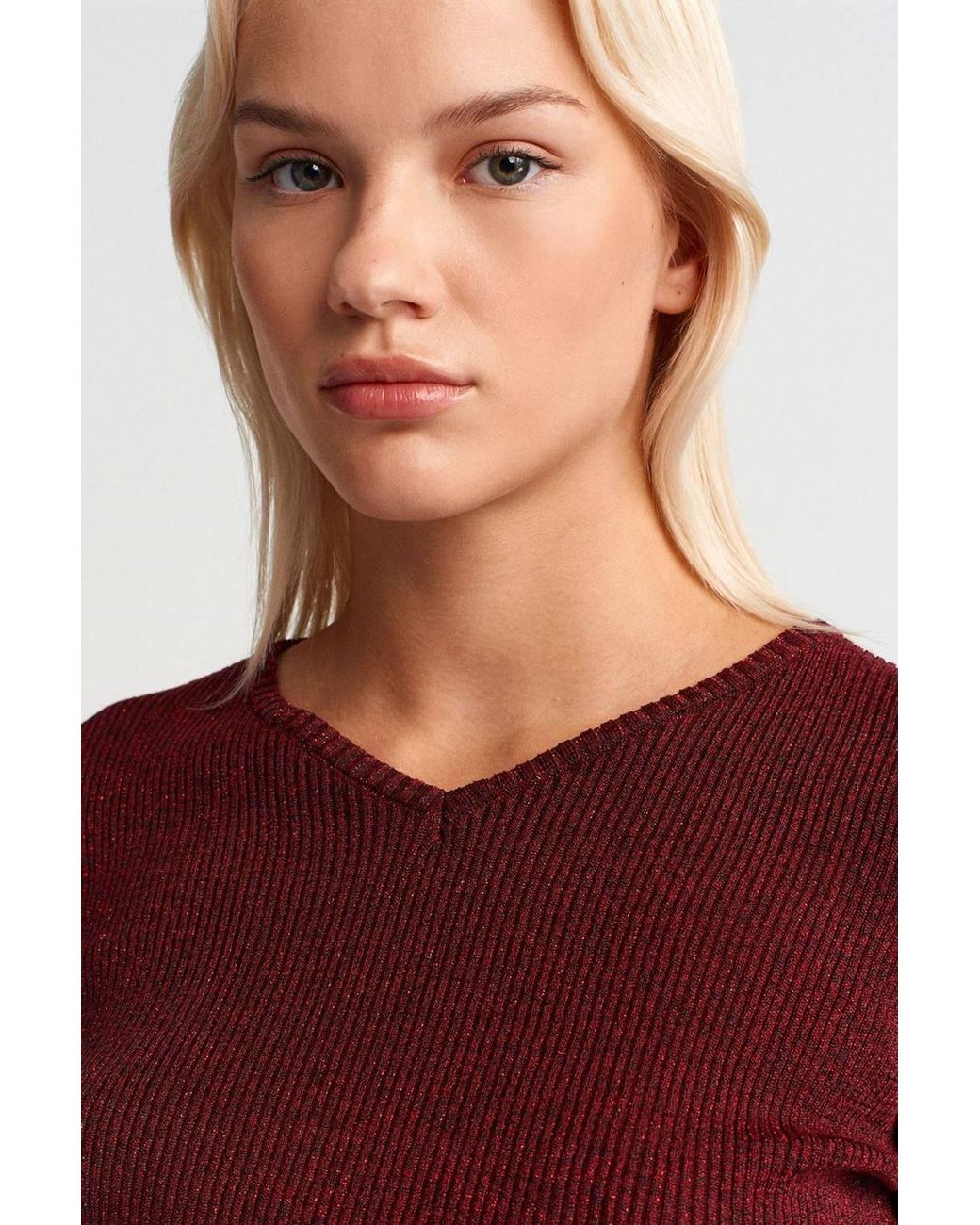 Dilvin Red Slim Fit V-Neck Ribbed Sweater