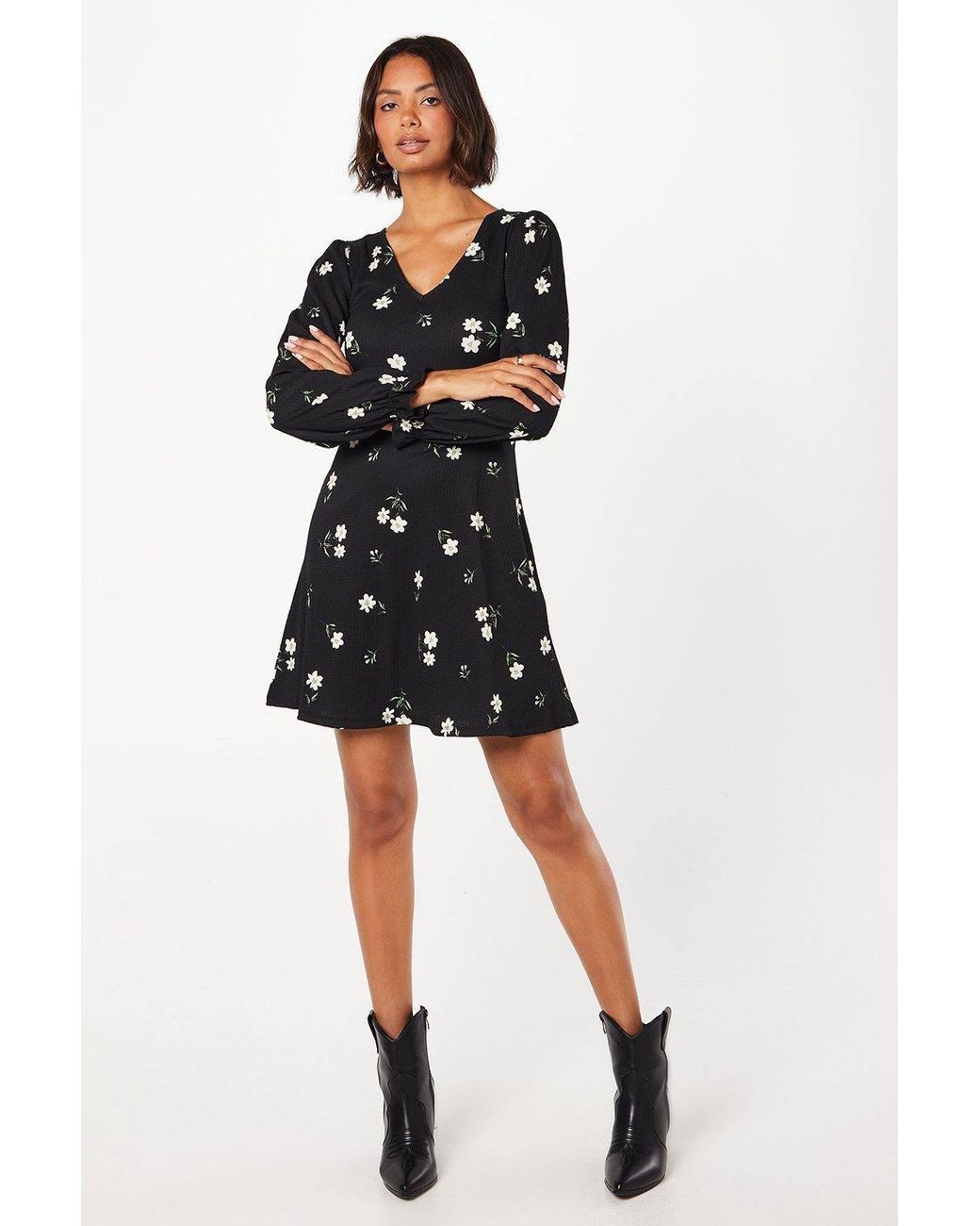 Dorothy Perkins Black Long Sleeve V Neck Mini Dress