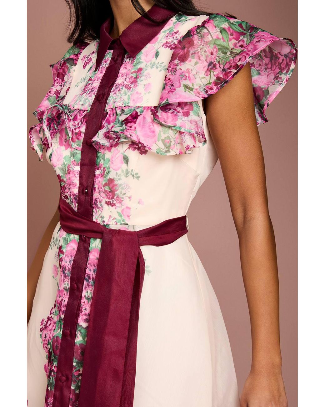 Coast Pink Petite Placement Print Frill Midi Dress