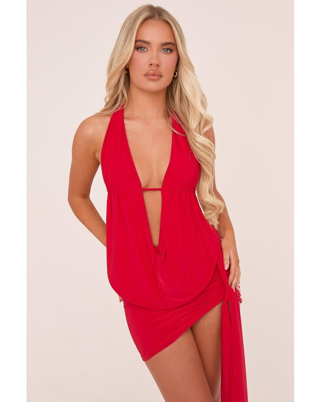 Rebellious Fashion Red Lama Plunge Neck Cowl Detail Top & Mini Skirt Co-Ord Set