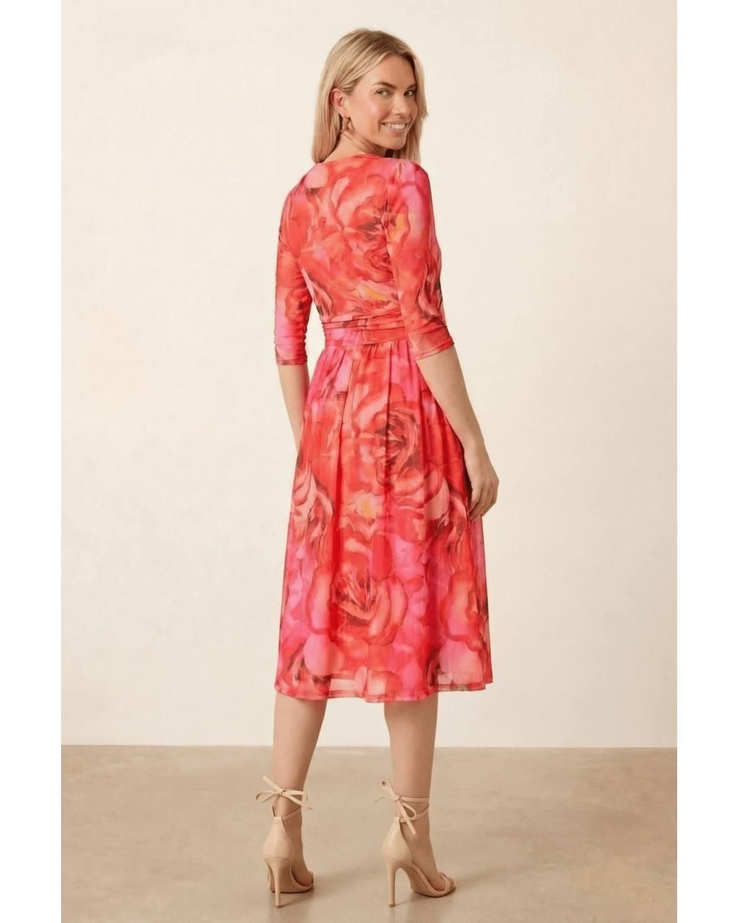 Style Cheat Red Printed Long Sleeve Mesh Wrap Midi Dress