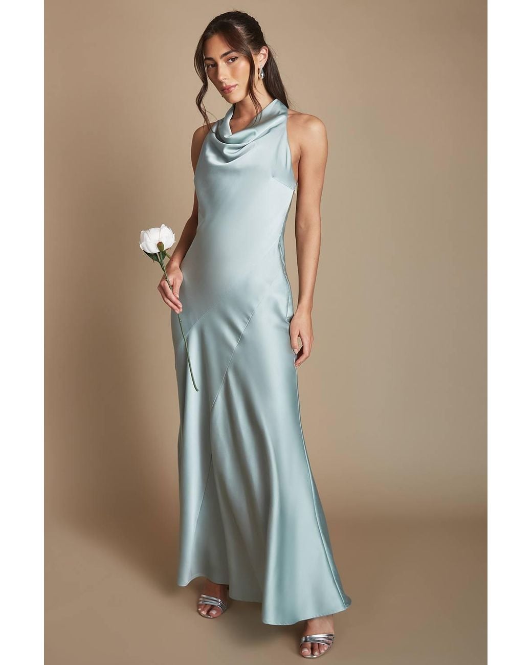 Oasis Green Cowl Halterneck Satin Maxi Bridesmaid Dress