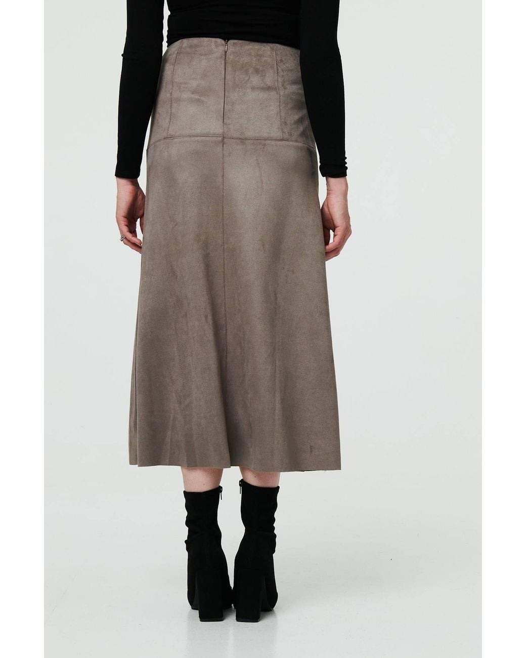 Izabel London Gray Faux Suede A-Line High Waist Midi Skirt