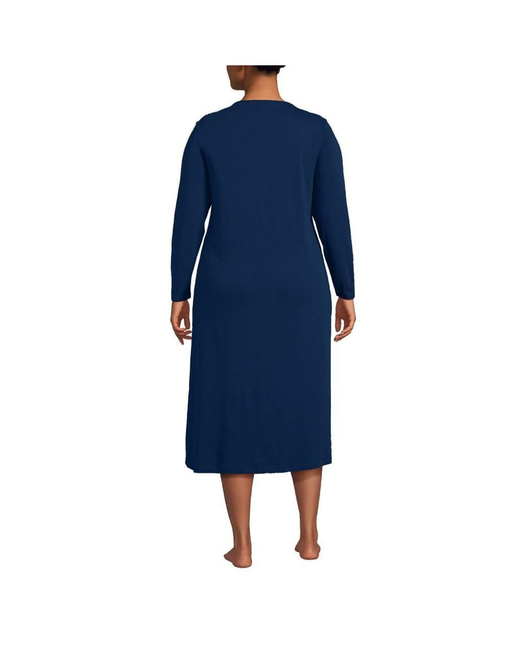 Lands' End Blue Plus Long Sleeve Mid Calf, Pure Cotton Nightdress